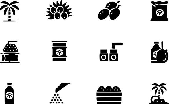 Palm oil production industry icon set featuring oil palm tree, fruit bunch, harvested palm fruit, fertilizer bag, processing factory, oil barrel, cosmetic products, bottle, and plantation vector illus