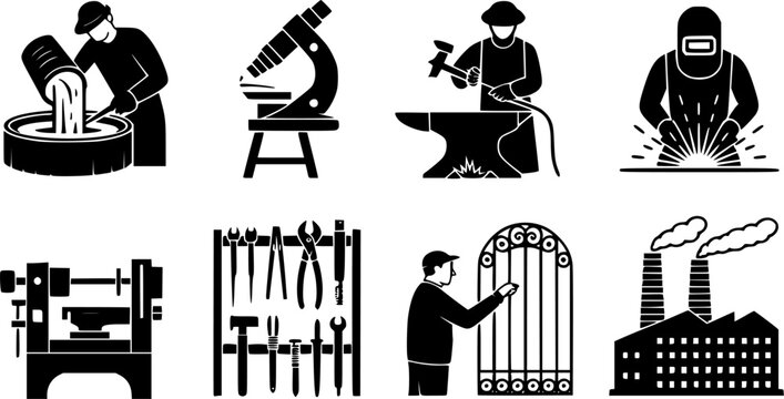 Metalworking and metallurgy industry icon set featuring foundry worker pouring molten metal, microscope, blacksmith at anvil, welder, lathe machine, tool rack, gate fabrication, and factory vector 
