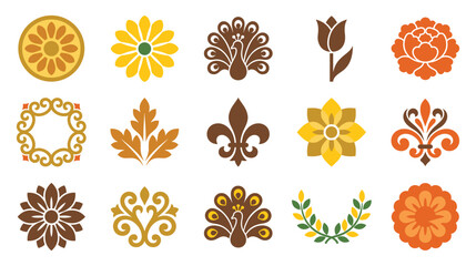 Decorative floral pattern elements set featuring symmetric shapes and organic natural motif. © MdJubayer