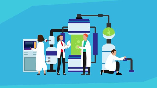 Biofuel Laboratory Research Concept: Scientists Operating Chemical Reactors and Industrial Bioreactors cartoon animation