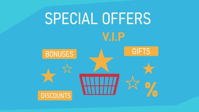 Special Offers VIP Marketing Concept: Shopping Basket with Stars, Discounts, Bonuses, and Gifts cartoon animation
