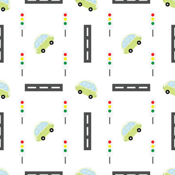 Hand-drawn cute car, road with traffic lights seamless pattern on a white background. Fabric and wallpaper style