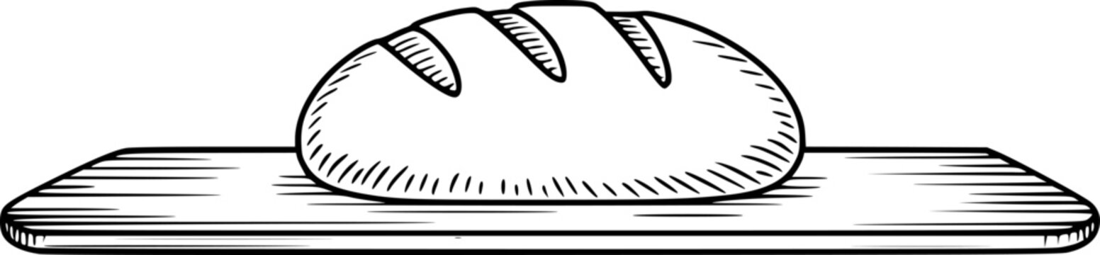 木製のまな板の表面に置かれた新鮮なパンの塊の手描きの白黒画