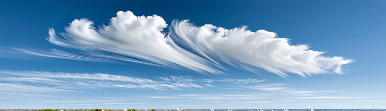 Bright open blue sky with graceful cloud formations drifting slowly, fresh clean air, minimal composition, expansive copy space, premium high resolution nature stock image