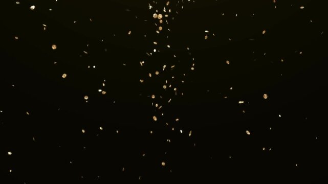 Golden dust particles drift through a dark void creating a magical and celestial visual effect.