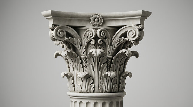 Ornate white stone corinthian column capital with acanthus leaves and volutes