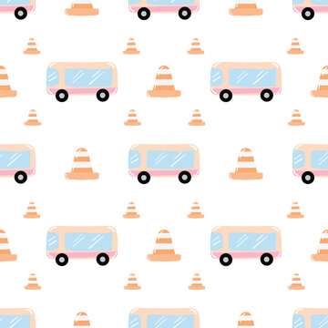 Hand-drawn cute bus with traffic cone seamless pattern on a white background. Fabric and wallpaper style.