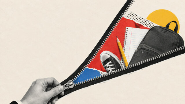 Unzipping a backpack revealing school supplies like a notebook, pencil, and sneaker, representing education and learning