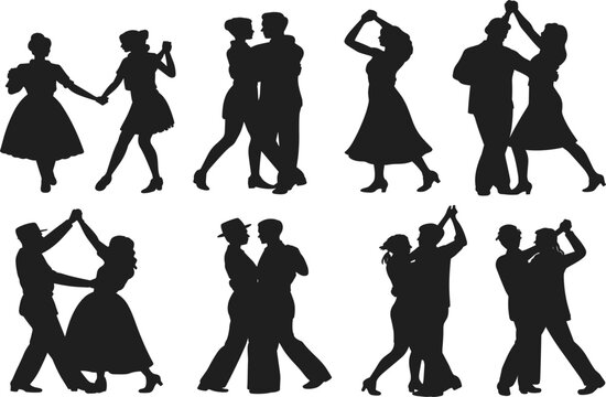 Retro dancing couples silhouette vector illustration, vintage swing country dancers set, isolated black graphics