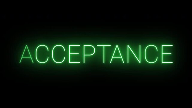 Flickering neon green glowing acceptance sign animated black background.
