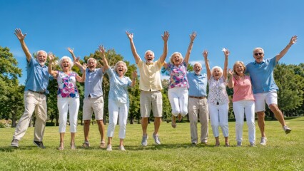 Obraz premium Joyful Group of Seniors Jumping and Celebrating in a Sunny Park
