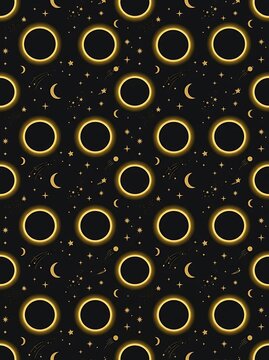 Golden solar eclipse seamless pattern with stars and crescent moons
