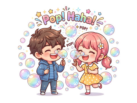 Cheerful children blowing colorful bubbles with happy expressions