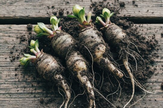 Dahlia tubers with green sprouts sit on weathered wood. Freshly dug roots ready for spring planting show new life emerging from the soil. Garden preparation for floral bloom.