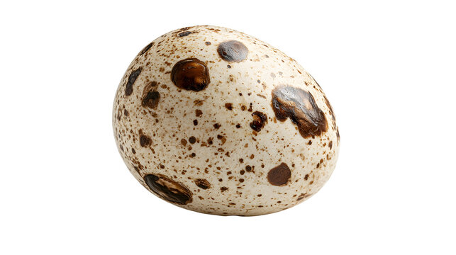 Speckled quail egg white background, brown and beige spotted eggshell for Easter and culinary use