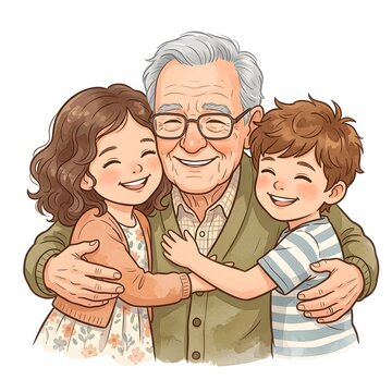Clip art illustration of a loving family moment, inspired by image_17.png, featuring an elderly man with gray hair and glasses hugged by a young girl and a boy. They are all smiling and embracing. Cle