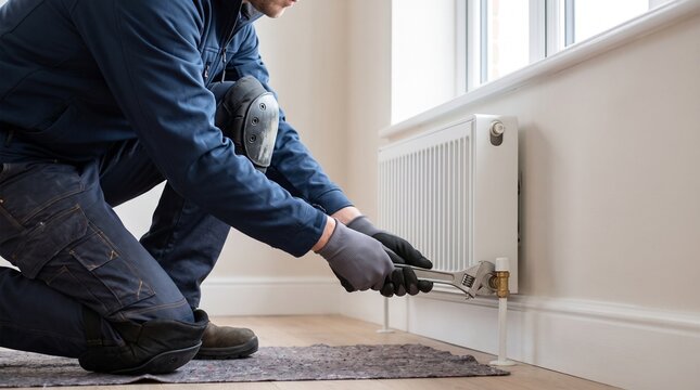 Technician repairing home heating radiator with wrench