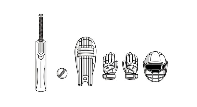 Line art illustration of cricket equipment bat, ball, pads, gloves, and helmet