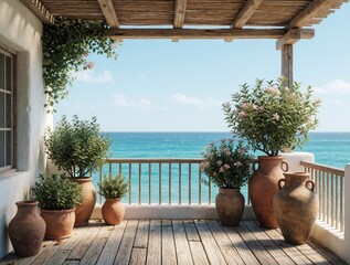 Obraz premium Empty wooden balcony with terracotta clay vases, green potted plants overlooks turquoise ocean water. Sunny terrace features Mediterranean architecture with blooming flowers under pergola. Luxury