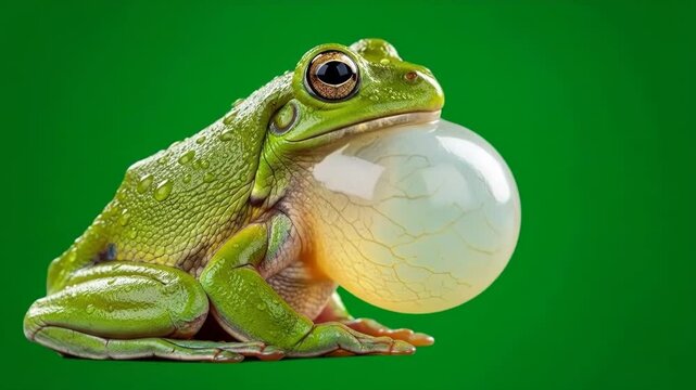 A vibrant green tree frog inflating its large translucent vocal sac pouch