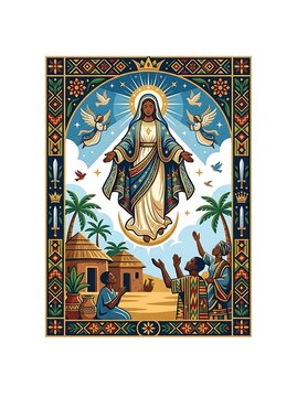 African madonna divine apparition above a traditional village