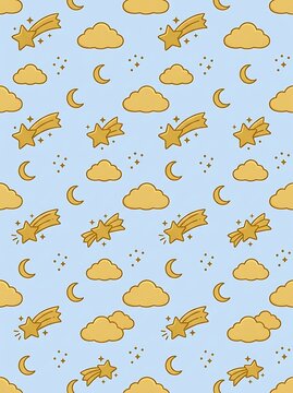 Seamless pattern of golden celestial stars moons and clouds on blue