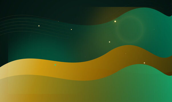 Luxury dark emerald green background with 3d fluid liquid gold waves, topographic mesh lines and glowing golden sparks