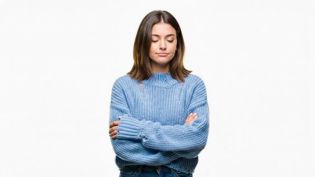 A young woman feeling cold and uncomfortable while wearing a blue sweater