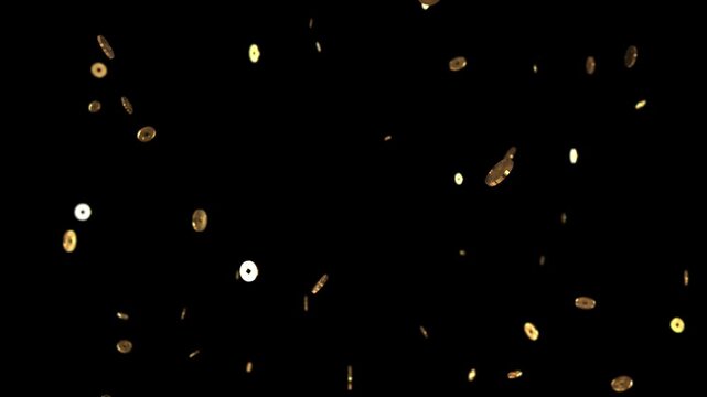 Falling golden coins descend through the air to symbolize financial growth and investment success.