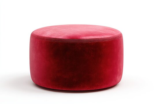 A plush crimson ottoman sits in an isolated studio setting, its rich velvet texture and round shape inviting comfort and style.