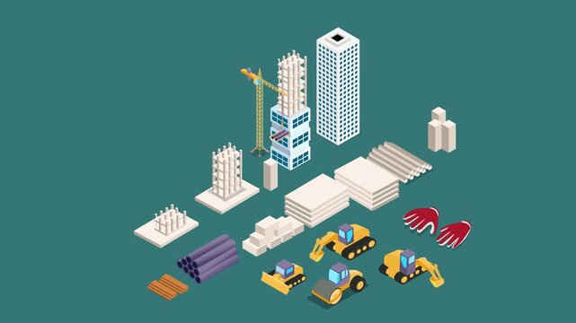 Building Construction Site Concept with Tower Crane, Heavy Machinery, and Building Materials 3d animation cartoon