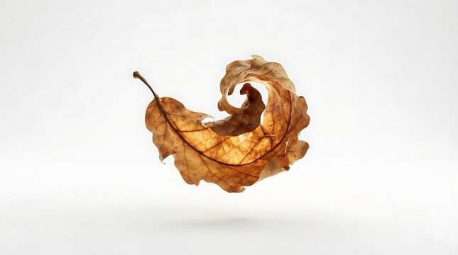 Curled dry autumn oak leaf gracefully floating on a minimalist white background, capturing the essence of the changing season
