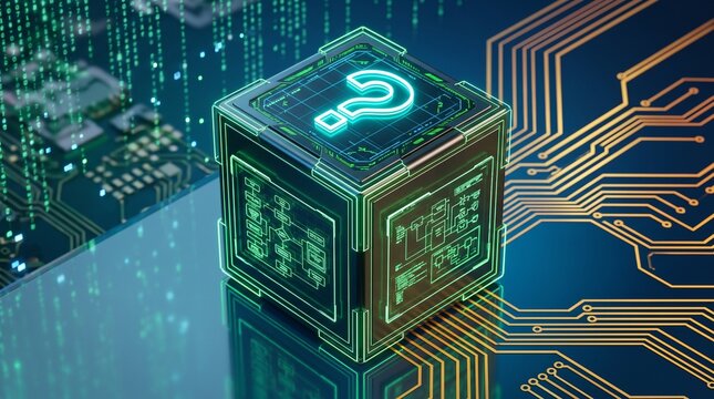 Futuristic Cyber Security Black Box or Quantum Computer Cube Concept with Question Mark Icon on Circuit Board