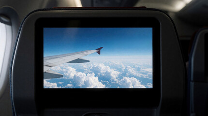Obraz premium Airplane seat back monitor display shows view of plane wing above clouds in sky. Passenger enjoys onboard entertainment system during commercial flight. Modern aircraft cabin interior provides screen