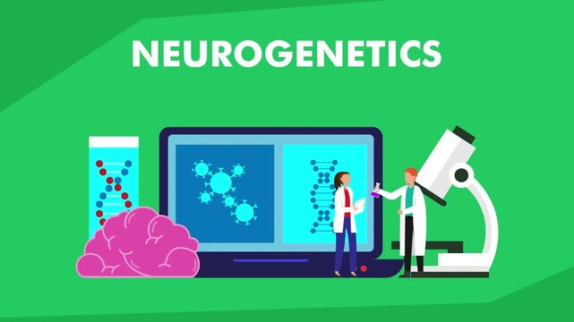 Neurogenetics Research Concept: Scientists Analyzing DNA, Brain, and Molecular Data in Laboratory cartoon animation