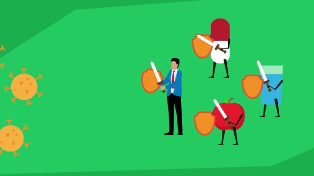 Immune System Concept: Man with Healthy Lifestyle, Medicine, Water, and Apple Fighting Off Virus Pathogens cartoon animation