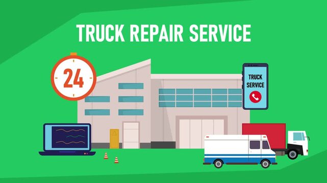 24/7 Truck Repair Service Concept: Commercial Vehicles, Service Station, and Online Diagnostics cartoon animation