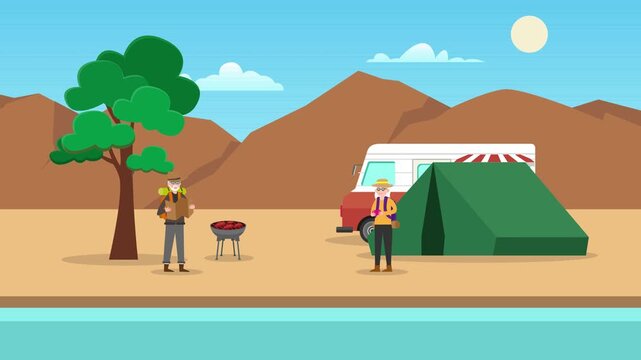 Senior Couple Camping in Nature: Elderly Tourist Pair with RV Van, Tent, Grill, and River View cartoon animation