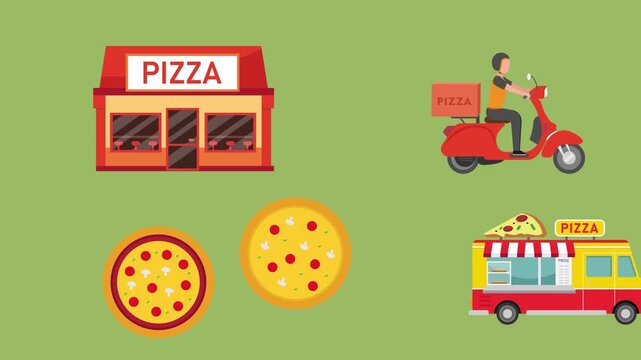 Pizza Delivery and Pizzeria Business Concept: Fast Food Restaurant, Scooter Courier, and Food Truck cartoon animation