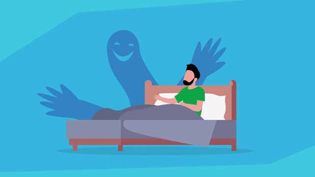 Nightmare and Sleep Paralysis Concept: Man Awakens in Bed Haunted by Ghostly Shadow Monster cartoon animation