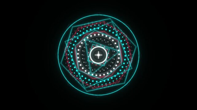 Abstract Glowing Geometric Mandala Pattern with Central Plus Sign on Black Background.