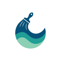 An abstract design showcases a paintbrush making perfect curved waves, symbolizing creativity and artistic expression, crafted in soothing shades of blue and green. © y