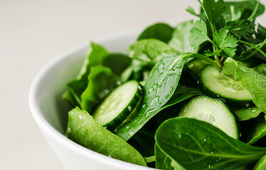 Obraz premium Fresh green vegetable salad in white bowl. Sliced cucumber and spinach leaf with water droplet. Raw organic ingredient for healthy vegan diet meal. Nutrition and cooking concept.