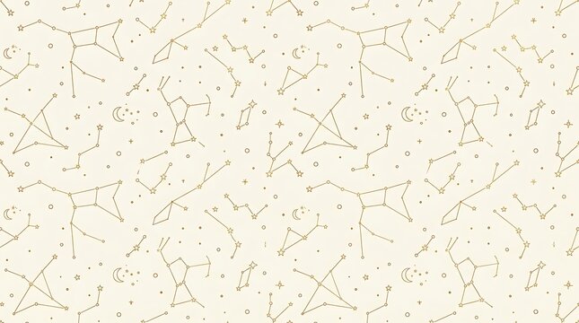 Golden constellation and star seamless pattern on cream background