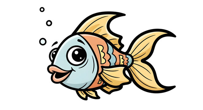 Vibrant and cheerful cartoon fish character happily swimming and blowing bubbles, depicted in a playful, hand-drawn style, perfect for children's designs or aquatic themes