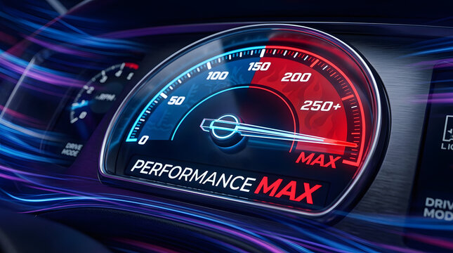 Close-up of a high-performance car speedometer with a glowing needle pointing beyond 0, featuring red and blue lighting effects and a digital display reading PERFORMANCE MAX featuring dashboard
