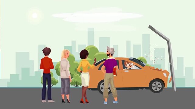2D Animated Driver Standing near Broken Down Car Talking to People on Roadside Flat Vector Character Animation Footage