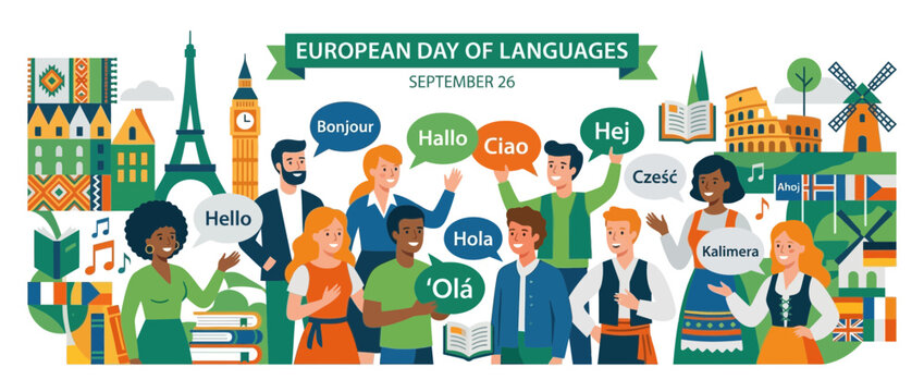 Diverse People Celebrating European Languages with Greetings