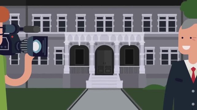 2D Animated News Cameraman Filming Executive Press Conference Outside Building Flat Vector Character Animation Footage