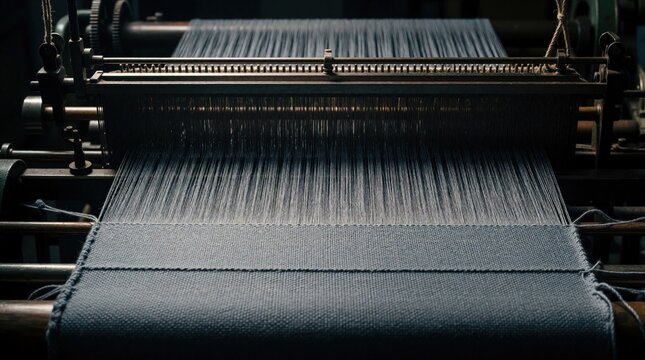 Industrial textile loom machine weaves cotton threads into fabric cloth. Modern mechanical equipment performs automated production process inside factory warehouse. Metal parts move fast creating
